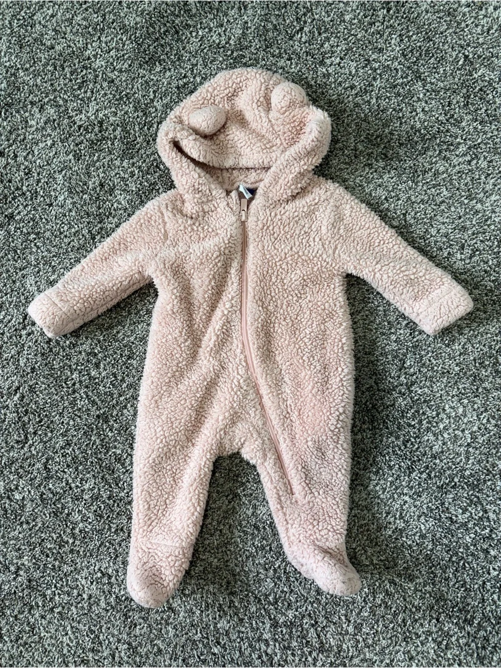 Old Navy Baby Girl Sherpa Bunting Bear Ears Pink Fleece Footed One Piece 3-6M